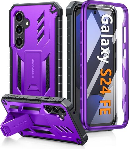 FNTCASE for Samsung Galaxy S24-FE Case: Military Grade Drop Proof Protection Mobile Cover with Kickstand | Matte Textured Rugged Shockproof TPU | Protective Sturdy Phone Case Black in Kuwait