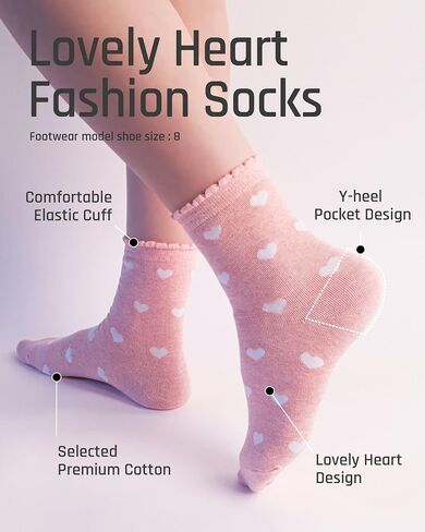 3 Pairs Heart Pattern Crew Socks For Women - Cute Cotton Womens Socks for Size 6,7,8,9,10 by Cutie Mango in Kuwait