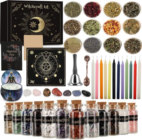 Witchcraft Supplies Kit 132 PCS, Wiccan Supplies and Tools, Including Witchcraft Herbs, Spell Candles, Crystals for Witchcraft, Witch Starter Kit for Spiritual Healing Altar Decor, Christmas Gift in Kuwait