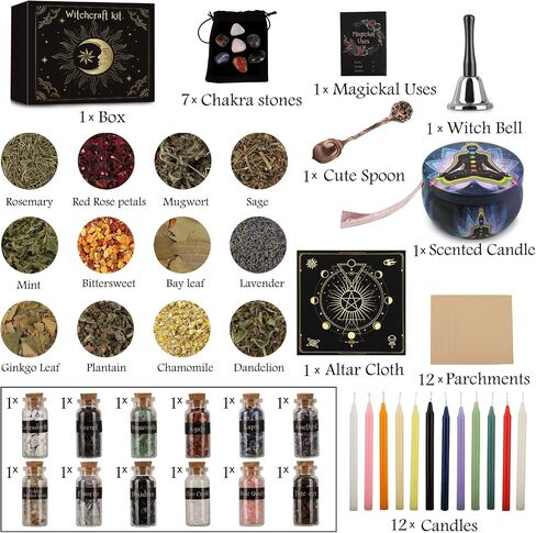 Witchcraft Supplies Kit 132 PCS, Wiccan Supplies and Tools, Including Witchcraft Herbs, Spell Candles, Crystals for Witchcraft, Witch Starter Kit for Spiritual Healing Altar Decor, Christmas Gift in Kuwait