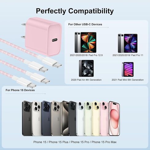 Fast Charger for iPhone 15 Charger Fast Charging 6FT, 2Pack 20W USB C for iPad Pro Charger Block with Type C to C Cable for iPhone 15 Pro Max/15 Pro/15 Plus/Pad Pro 13/12.9/Air/Mini - Pink in Saudi Arabia