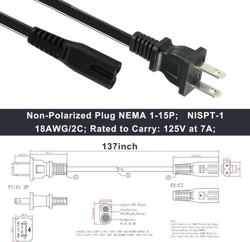 TV Power Cord - 10FT/3M 2 Prong Non-Polarized Plug NEMA 1-15P to C7 Figure 8 Replacement Supply Cord 2 Slot Compatible with PS4/Speaker/Monitor (NISPT-1 18AWG) in Saudi Arabia