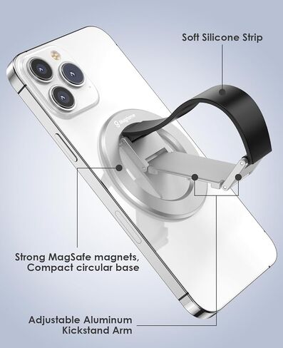 مقبض هاتف مغناطيسي لـ MagSafe مع حزام الإصبع، حامل هاتف مع مسند، حزام حامل هاتف معدني 3 في 1 لليد، متوافق مع سلسلة iPhone 12/13/14/15، فضي in Kuwait