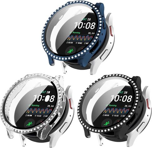 متوافق مع Galaxy Watch 7 40 مم 44 مم واقي شاشة من الزجاج المقسى وحافظات الماس اللامعة للسيدات والفتيات وحجر الراين اللامع وحافظات إكسسوارات الساعة الذكية (3 عبوات، 44 مم) in Kuwait