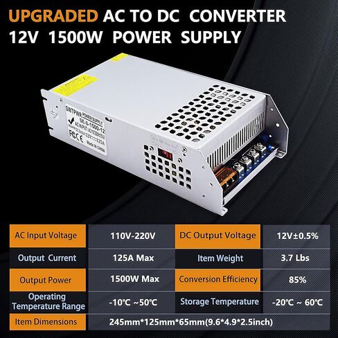 12V Power Supply 12V 125A 1500W AC to DC Converter 110V/120V to 12V Transformer LED Driver Smart Cooling Fan Designed for LED Strip CCTV and Car Devices in Kuwait