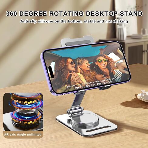 Cell Phone Stand for Desk,360 Degree Rotation Aluminum Phone Holder,Foldable Mobile Phone Stand for iPad Pro/Air/Mini,iPhone,4-10 inch Phone and Tablets（Silver） in Saudi Arabia