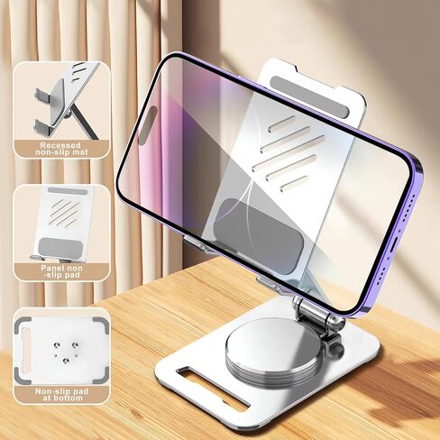 Cell Phone Stand for Desk,360 Degree Rotation Aluminum Phone Holder,Foldable Mobile Phone Stand for iPad Pro/Air/Mini,iPhone,4-10 inch Phone and Tablets（Silver） in Saudi Arabia