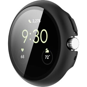 LOKEKE Compatible with Google Pixel Watch Full Coverage PC Protective Case Cover Tempered Glass Screen Protector(PC Black)