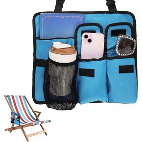 Beach Chair Cup Holder Attachment, Beach Chair Drink Bracket 4 Pockets Phone Bag Adjustable Strap Hanging Cup Holder Stand for Patio Lounger, Foldable Camping & Office Chair