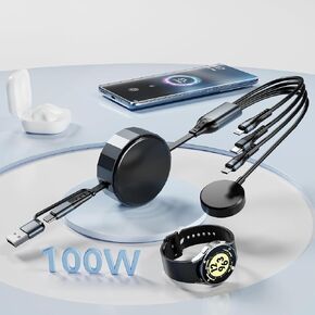 كابل شحن متعدد 4 في 2 مع شاحن ساعة سامسونج - كابل شاحن ساعة جالاكسي، سلك شحن سريع قابل للسحب 100 واط USB C لساعة سامسونج، جالاكسي S24، آيفون، أندرويد، آيباد، ماك بوك، كمبيوتر محمول - 4FT in Kuwait