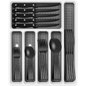Black Silverware Set, Umite Chef 49-Piece Flatware Set with Drawer Organizer, Durable Stainless Steel Cutlery Set for 8, Tableware Eating Utensils with Steak Knives, Utensil Sets for Home Restaurant