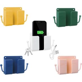 5 Pcs Wall Mount Phone Holder, Phone Stand for Bed, Wall Mounted Shower Phone Holder Remote Control Holder with Hooks, Self-Adhesive Universal Media Organizer Storage Box (Mixed Colors)