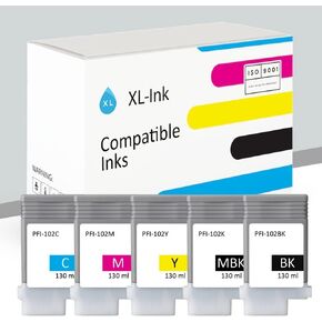 XL-Ink Compatible for Canon PFI-102 / PFI 102 5-Pack (Matt Black, Black, Cyan, Magenta, Yellow)
