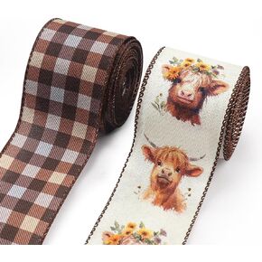 2 Rolls Horses Craft Ribbons for Wreath Bows, 2.5"×10 Yards Wired Edge Ribbons Brown Burlap Ribbon Wild Animals Wired Ribbons for Crafting Sewing DIY Crafts Supplies