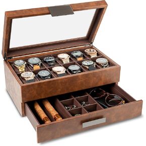 Glenor Co Watch Box with Valet Drawer for Men - 6 Slot Luxury Watch Case Display Organizer, Carbon Fiber Design -Metal Buckle for Mens Jewelry Watches, Men's Storage Holder Boxes has a Large Glass Top in Saudi Arabia