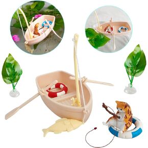 Simulation Boat Floating Fish Tank Decorations Cute Kitten and Fisherman Floating Aquarium Decoration Fish Tank Decorative Fish Toys (Yellow, 2)