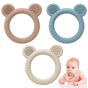 Eascrozn Baby Teething Toys for Babies 0-6 Months Set of 3, Baby Toys 6 to 12 Months, BPA Free Soft and Textured Bear Ring Silicone Teether Relief Soothing Sore Gums Chew Infant Toys