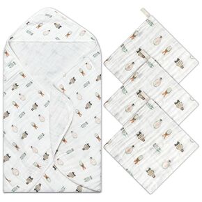 Zainpe 4Pcs Muslin Baby Hooded Towel & Washcloth Set Flowers Soft Absorbent Bath Towels Cotton Hand Towels Infant Shower Gifts for Newborn Toddler Boys Girls Feeding Teething Sleeping 31.5 X 31.5 in