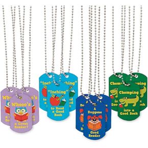 Colorful I Love Reading Theme Metal Dog Tag Necklaces (Pack of 12) - 26" - Perfect for Kids & Library Summer Reading Programs