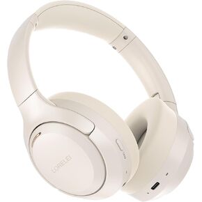 LORELEI QC60 Hybrid Active Noise Cancenlling Headphones,Wireless over ear Bluetooth Headsets with mic, 60H Playtime Foldable Lightweight, Deep Bass, Memory Earmuffs,for Travel Home Office(Beige White)