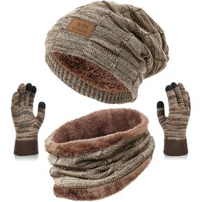 Mens 3 Pieces Winter Warm Beanie Hat Scarf and Touchscreen Gloves Set,Knit Cap Neck Warmer with Fleece Lined