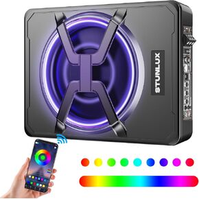 800W Slim Under Seat Powered Car Subwoofer Kit with Colorful LED Light High/Low Level Input, Built-In Amplifier, And Car/Truck Audio System for Ultimate Sound Performance – Subwoofer and Amp Package