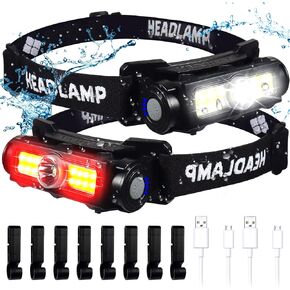 Rechargeable Headlamp,2Pack Waterproof Head Light Super Bright LED Headlamp with White Red Light,Adjustable headlamps for Adults & Kids with 8 Hardhat Clips,7 Modes for Camping Cycling Running Fishing