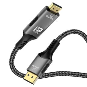 كابل FDBRO 8K DisplayPort إلى HDMI نشط 8K@60 هرتز 4K@120 هرتز 32.4 جيجابت في الثانية أحادي الاتجاه DP 1.4 إلى HDMI 2.1 سلك يدعم HDR/HDCP 2.2/DSC 1.2 لشاشة الألعاب والتلفزيون والكمبيوتر الشخصي (رمادي وأسود، 3M (10FT))