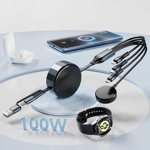 كابل شحن متعدد 4 في 2 مع شاحن ساعة سامسونج - كابل شاحن ساعة جالاكسي، سلك شحن سريع قابل للسحب 100 واط USB C لساعة سامسونج، جالاكسي S24، آيفون، أندرويد، آيباد، ماك بوك، كمبيوتر محمول - 4FT in Kuwait
