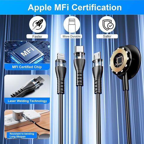 كابل شحن متعدد 4 في 2 مع شاحن ساعة سامسونج - كابل شاحن ساعة جالاكسي، سلك شحن سريع قابل للسحب 100 واط USB C لساعة سامسونج، جالاكسي S24، آيفون، أندرويد، آيباد، ماك بوك، كمبيوتر محمول - 4FT in Kuwait