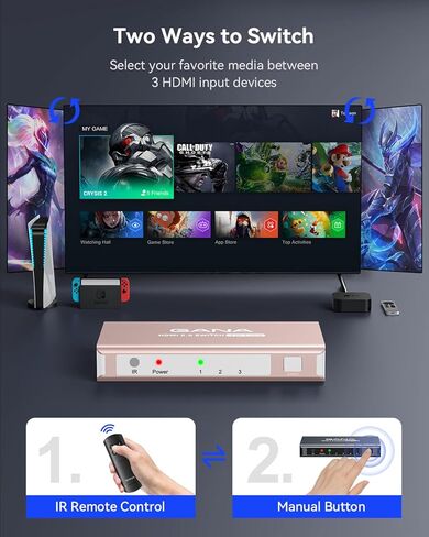 محول HDMI 3 في 1 مخرج 4K@60Hz، محول مقسم HDMI جانا مع جهاز تحكم عن بعد، موزع صندوق سويتش HDMI 2.0 ثلاثي الابعاد، HDCP2.2، HDR، متوافق مع Xbox، PS5/4/3، فاير ستيك، روكو، مشغل بلو راي، ذهبي وردي in Kuwait