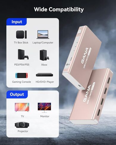 محول HDMI 3 في 1 مخرج 4K@60Hz، محول مقسم HDMI جانا مع جهاز تحكم عن بعد، موزع صندوق سويتش HDMI 2.0 ثلاثي الابعاد، HDCP2.2، HDR، متوافق مع Xbox، PS5/4/3، فاير ستيك، روكو، مشغل بلو راي، ذهبي وردي in Kuwait