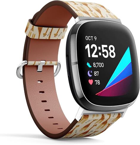 Compatible with Fitbit Versa 3, Versa 4 / Fitbit Sense, Sense 2, Replacement Patterned Leather Watch Band, Wristband Bracelet Accessory - Giraffe Safari Print Repeating in Saudi Arabia