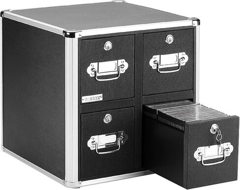 Vaultz 4-Drawer CD File Cabinet, Locking DVD & CD Storage Box, Black | Locking filing unit holds hundreds of discs with no cases, key lock keeps media secure, sturdy steel corners, black finish in Kuwait