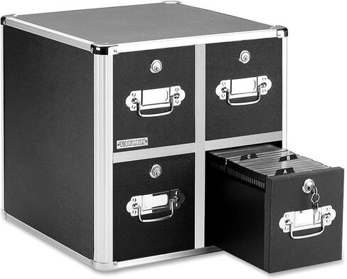 Vaultz 4-Drawer CD File Cabinet, Locking DVD & CD Storage Box, Black | Locking filing unit holds hundreds of discs with no cases, key lock keeps media secure, sturdy steel corners, black finish in Kuwait
