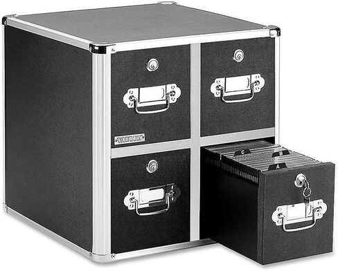 Vaultz 4-Drawer CD File Cabinet, Locking DVD & CD Storage Box, Black | Locking filing unit holds hundreds of discs with no cases, key lock keeps media secure, sturdy steel corners, black finish in Kuwait