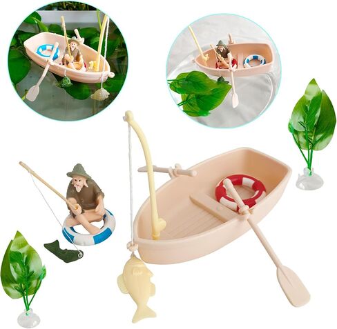 Simulation Boat Floating Fish Tank Decorations Cute Kitten and Fisherman Floating Aquarium Decoration Fish Tank Decorative Fish Toys (Yellow, 2) in Saudi Arabia