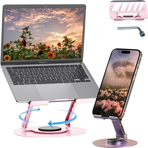 360° Rotating Adjustable Laptop Stand&Metal Phone Holder Perfect for Work,Painting,Office,Travel,Home,Fits MacBook & Laptops up to13-17",Dual Rotary Shaft,Folding Design-Purple& Pink in Saudi Arabia