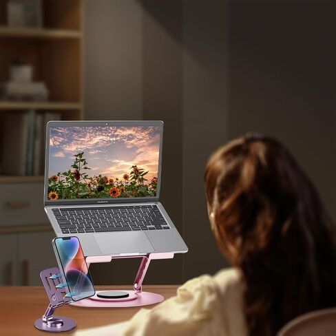 360° Rotating Adjustable Laptop Stand&Metal Phone Holder Perfect for Work,Painting,Office,Travel,Home,Fits MacBook & Laptops up to13-17",Dual Rotary Shaft,Folding Design-Purple& Pink in Saudi Arabia