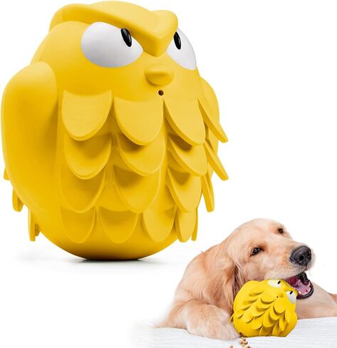 Tough Chew Dog Toys for Aggressive Chewers Giggle Ball Owl Rubber Interactive Treat Dispensing Slow Feeder Indestructible Teething Toys for Small Medium Large Dogs (Yellow) in Saudi Arabia