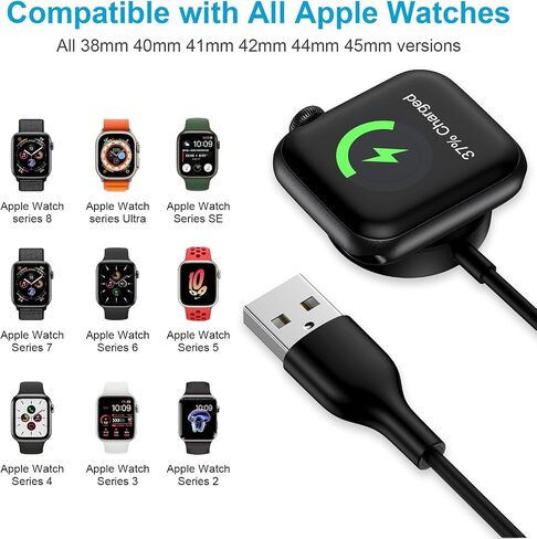 شاحن لاسلكي لشاحن ساعة Apple، قاعدة شحن مغناطيسية 3FT سريع iWatch كابل شحن لاسلكي محمول مع محول QC3.0 متوافق مع Apple Watch Series 9/8/7/6/5/4/3/2/SE2/SE/Ultra 2 in Kuwait