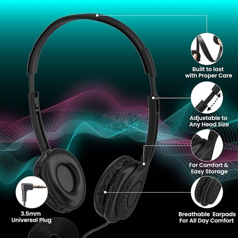 Wholesale Over-Ear Headphones - Low-Cost Stereo Headphones for Students, Classroom, Library - Black Headphones (Leatherette Earpad - 1 Pair, Black) in Kuwait