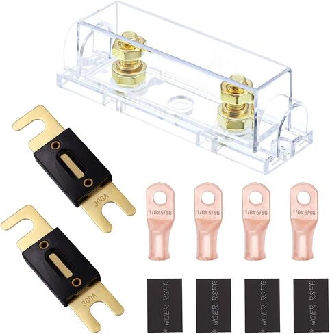 حامل فيوز Tnisesm ANL، قطعتان من الصمامات 300 أمبير، 4 قطع 1/0 AWG كابل طرفي طرفي 5/16 بوصة، 4 قطع أنبوب قابل للانكماش بالحرارة بقطر 14 مم متوافق مع مضخم صوت السيارة in Kuwait