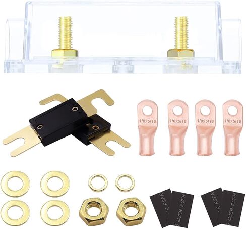 حامل فيوز Tnisesm ANL، قطعتان من الصمامات 300 أمبير، 4 قطع 1/0 AWG كابل طرفي طرفي 5/16 بوصة، 4 قطع أنبوب قابل للانكماش بالحرارة بقطر 14 مم متوافق مع مضخم صوت السيارة in Kuwait