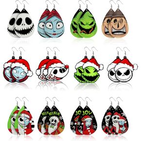 Stology Merry Christmas Faux Leather Earrings Set of 12, Xmas Teardrop Dangle Earrings Bulk Black Green Stripe Fashion Jewelry, Funny 2023 Winter Holiday Accessory for Women Girls