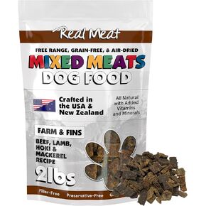 Mixed Meat Farm & Fins Air Dried Dog Food w/Real Beef, Lamb, Hoki, & Mackerel (Free from Poultry) - 2lbs of Grain-Free, High-Protein, Real Meat Dog Food for Dogs of Any Age & Size