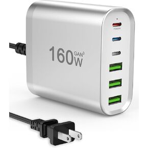 USB C Charger, 160W 6-Port Fast USB C Charging Station, Portable USB C Wall Charger, USB C Power Adapter for MacBook Pro/Air Series, iPhone 14/13/12/Mini/Pro/Pro Max, Samsung Galaxy Note, and More