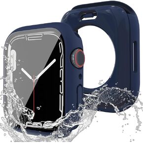 [2 in 1] Miimall Compatible for Waterproof Apple Watch 9 41mm Screen Protector Case Hard PC Waterproof Case Built in Tempered Glass Film Cover Case for Apple Watch Series 9/8/7 41mm(Dark Blue)