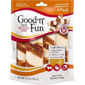 Good 'n' Fun أضلاع محشوة ثلاثية النكهة للكلاب المتوسطة، عدد 4، دلّل كلبك بعدم إضافة الدجاج إلى مضغ الجلود الخام المصنوعة من لحم البقر والبط ونكهة الضلع الحقيقية