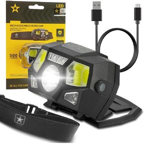 US Army Headlamp with Adjustable Headband - 500 Lumen Head Lamp with Motion Sensor & 6 Light Modes - Head Lights for Forehead Rechargeable & Water Resistant (Battery Included), Black